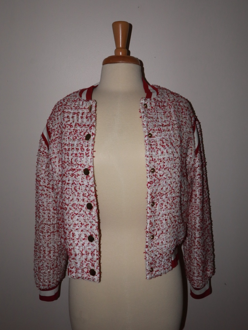 ALICE + OLIVIA Keri Varsity Jacket in Off White/Raspberry - Picture 4 of 5
